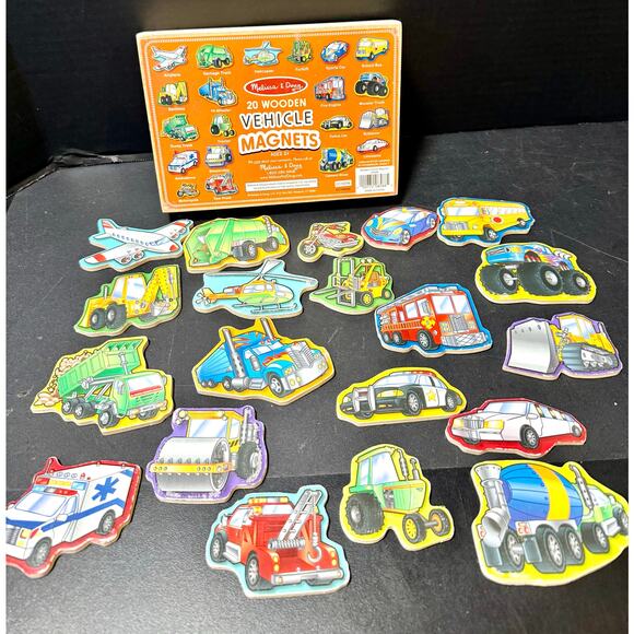 Melissa and Doug 20 Vehicles Cars Wooden Magnets Set Toy in box - Picture 1 of 5